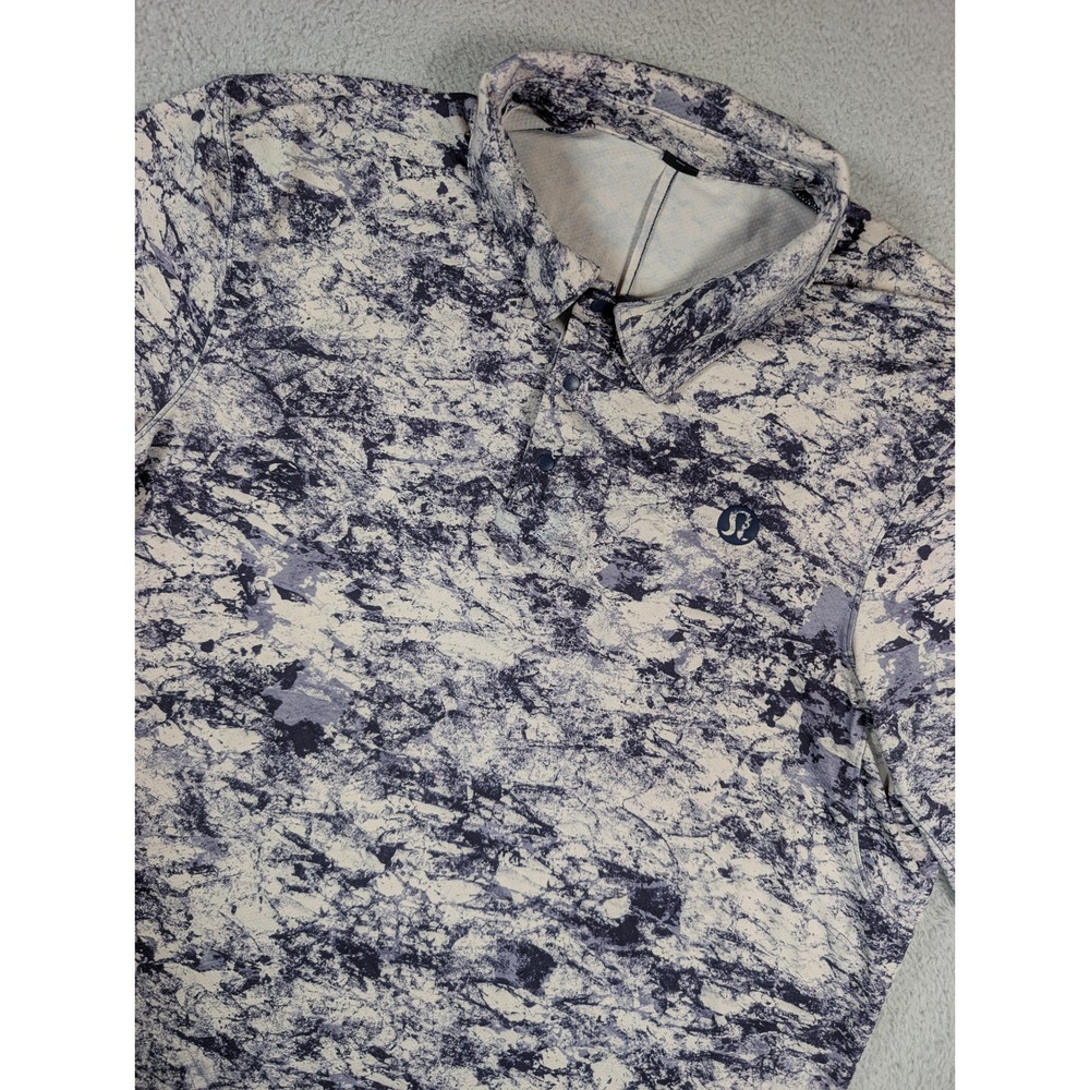 Lululemon Evolution Polo Shirt Mens Blue White Marble Print Short Sleeve Golf